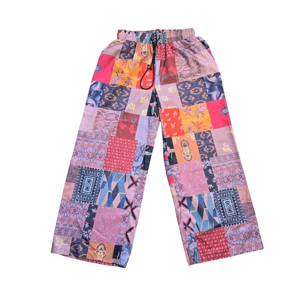 Pants - Patchwork Print Wide Leg Pants Multicolor Boho Elastic Waist Drawstring Large